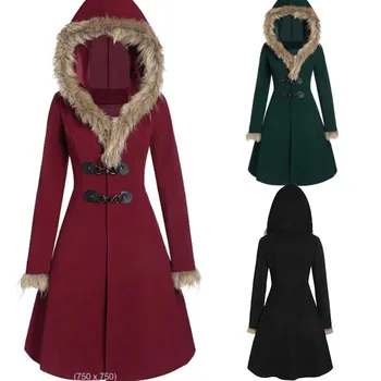 Женски јесења капут са крзном оковратник, чврсти, танак струк, вуна винтажная јакна са капуљачом, хаљина, кожа копчом, вино-црвено зима хаљина