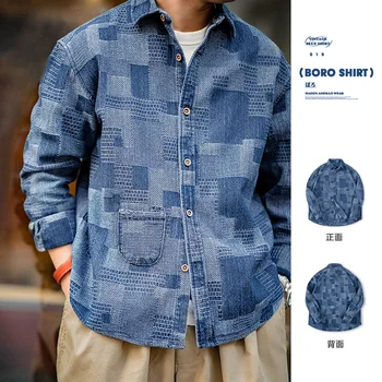 Мушке фармерке кошуље Маден у јапанском стилу ретро Boro, жаккардовая патцхворк мајица са дугим рукавима и дугмадима, јакна пролеће одећа Оверсайз
