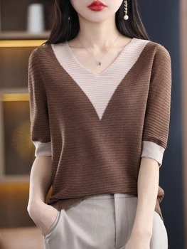 Пролеће вунени џемпер, женска одећа, корејски мода женски топ са кратак рукав, хеклане џемпери у стилу крпеж, Женска улица одећа